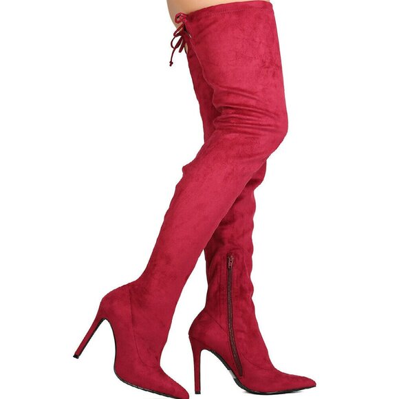 Statement Style Pointed Toe Thigh-High Silhouette Wine Red Stiletto Suede Boots - Picture 2 of 7